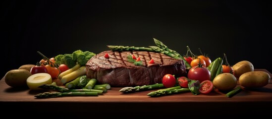 The ultimate protein centerpiece, flanked by the freshest garden vegetables under dramatic light.