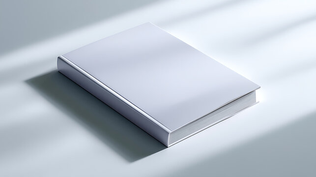 A book with a blank cover, positioned at a slight angle on a bright surface, is catching light and shadow