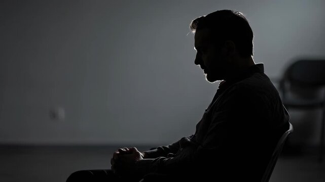 Contemplative man sitting alone in dark room expressing loneliness and deep thought