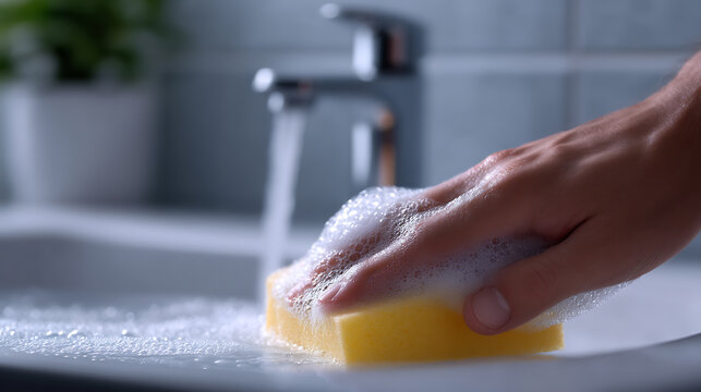 Hand washing a bathroom sink with a sponge filled with soap and water