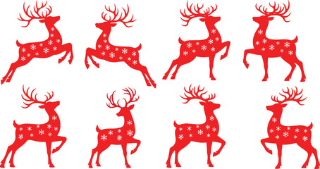 Christmas reindeer silhouette collection with snowflake patterns, festive prancing poses, holiday animal vector illustration design for seasonal themes © MSTIRIN