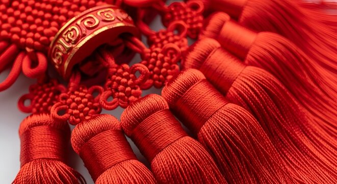 Close up of vibrant red silk Chinese knot tassels with intricate gold accents symbolizing good luck and prosperity against a clean white background in a decorative arrangement for festive