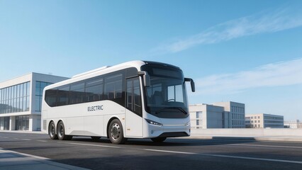 Electric bus on road near buildings