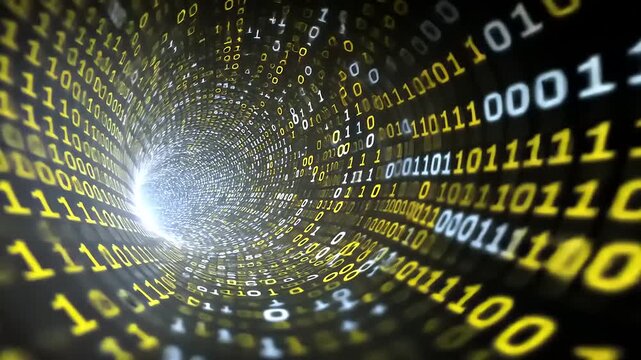 Abstract digital vortex of binary code swirling into light, symbolizing data flow and technology