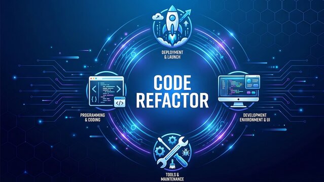 Code refactor concept, the process of restructuring code, while not changing its original functionality. abstract technology background