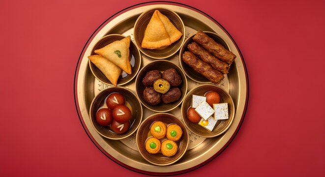 Assortment of traditional Indian savory snacks and assorted assorted sweet mithai desserts presented beautifully on a golden platter against a vibrant red background for festivals