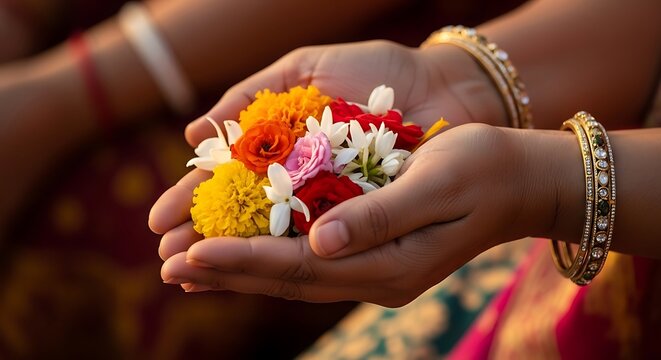 Dol Purnima celebration hands holding flowers delicately