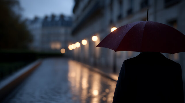 A mysterious figure holding an umbrella walks through the rain-soaked street. The scene evokes a sense of solitude and introspection