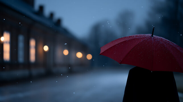 A person with an umbrella enjoying the rainy weather outside of the building at dusk. The person holds a vibrant umbrella