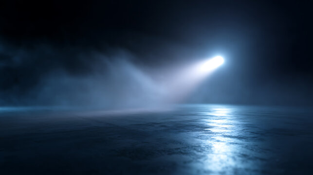 A lone spotlight beam shines onto a reflective surface, illuminating a misty, atmospheric scene. The play of light and shadow creates a dramatic, somewhat mysterious ambiance. 