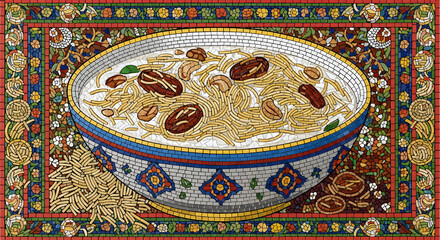 Traditional Middle Eastern kheer with dates and nuts in ornate ceramic bowl with intricate mosaic pattern in warm golden lighting for cultural heritage