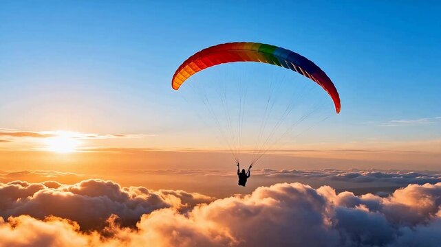 Paraglider flying above clouds at sunset