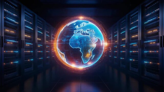 Digital globe with global network connections and data center servers illustrating worldwide technology and internet
