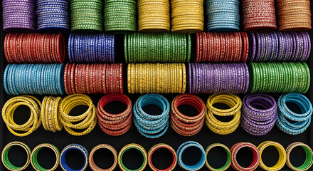 Colorful Bangles in Vibrant Display with Bright Hues on Black Background for Fashion Accessories