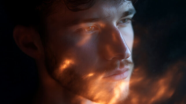 A man's face engulfed in flames, creating a striking and dramatic portrait