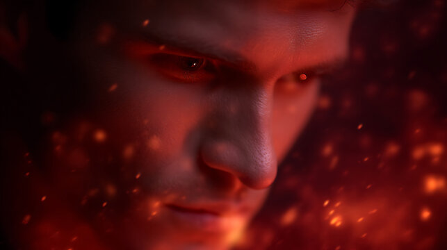 An intense portrait of a man with a fiery aura, his eyes filled with determination and resolve