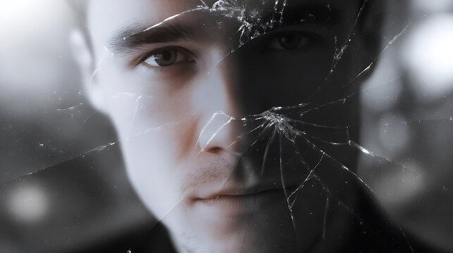 A person behind cracked glass. The face split in half. A symbolic representation of breaking, fragmentation, or duality