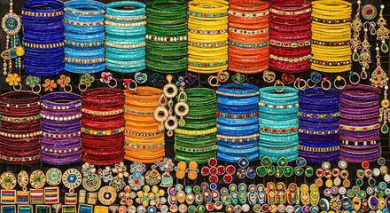 Colorful bangles in vibrant display with intricate designs in bright natural lighting for jewelry store