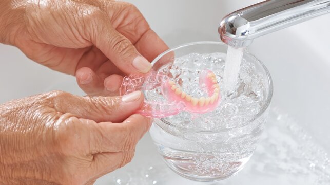 Cleaning Dentures Under Running Water - A Hygiene Routine.