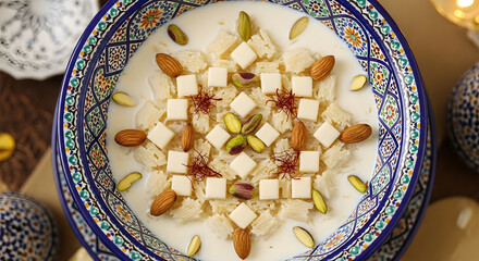 Traditional Middle Eastern dessert in ornate blue ceramic bowl with white creamy texture and nuts in warm soft lighting for food blog