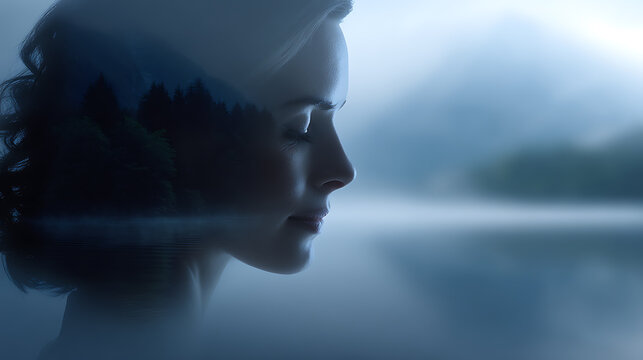 A serene woman is deeply pondering, her inner self mirrored by the tranquil landscape of the lake and misty forest. The double exposure reveals the woman and the landscape inside her mind.