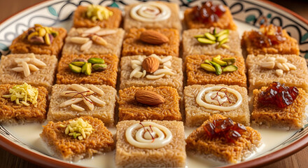 Assorted Indian sweets in traditional ceramic plate with intricate designs and vibrant toppings in warm golden lighting for cultural celebration