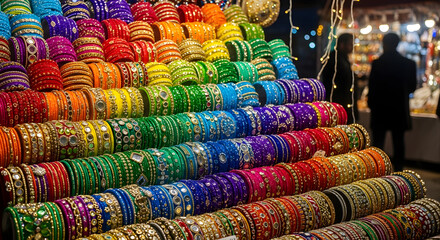 Colorful Bangles Display in Vibrant Market Stall with Bright Lighting on Wooden Racks for Fashion Jewelry