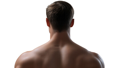 Naklejka premium Back view of a person's upper body, showcasing the neck and shoulders. The person is looking away from the camera