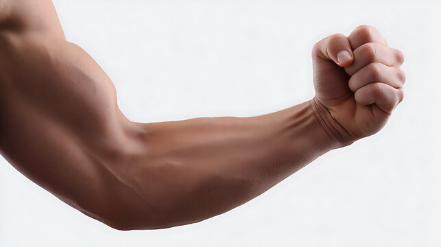 A muscular arm flexed showing strength, power, and human anatomy