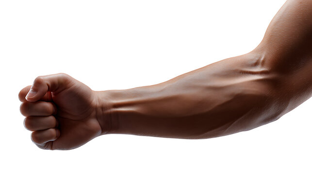 A detailed image of an arm and a clenched fist, highlighting muscles and veins. The arm is flexed, suggesting strength or tension