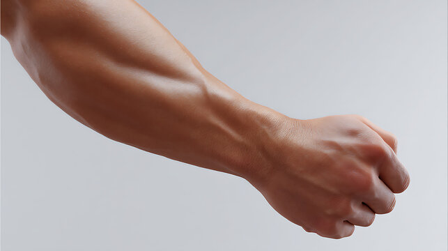 A detailed shot of an arm. Muscles and tendons are visible. The hand is in a fist