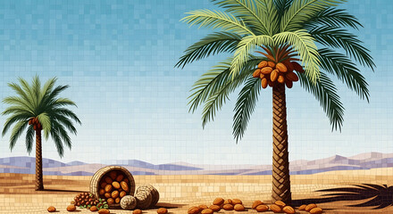 Palm Trees in Desert Landscape with Dates in Warm Sunny Lighting for Travel Brochure