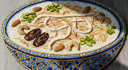 Traditional Middle Eastern dessert in ornate ceramic bowl with intricate blue pattern and golden accents in warm soft lighting for cultural culinary blog