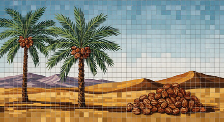 Palm Trees in Desert Landscape with Dates and Sand Dunes in Pixel Art Style with Warm Earthy Tones for Digital Background