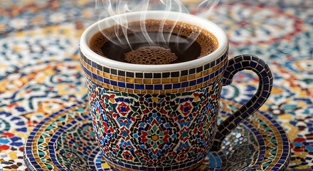 Steaming coffee cup in traditional mosaic pattern with vibrant colors and warm lighting for cultural decor