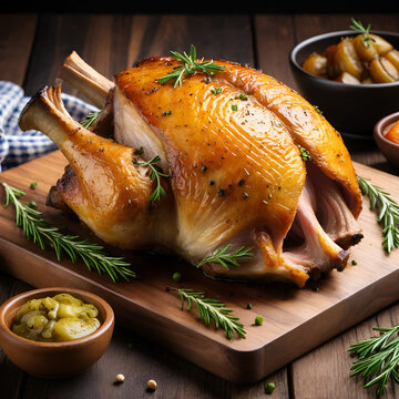 roasted and festering pork knee on a wooden board