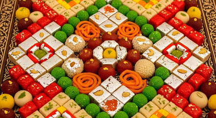 Mahjong tiles with fresh fruits in vibrant colorful arrangement on ornate golden background for cultural celebration