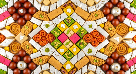 Assorted Indian Sweets in Vibrant Colors with Intricate Patterns on Mosaic Background for Cultural Celebration
