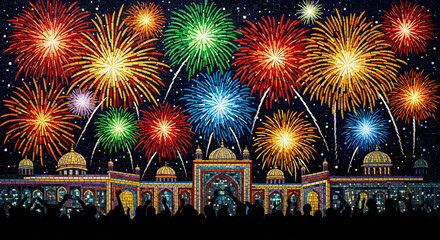 Fireworks Explosion over Mosque at Night with Vibrant Colors and Golden Domes for Celebration Background