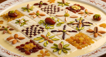 Traditional Indian dessert with nuts and dried fruits in creamy texture with warm golden lighting for cultural celebration