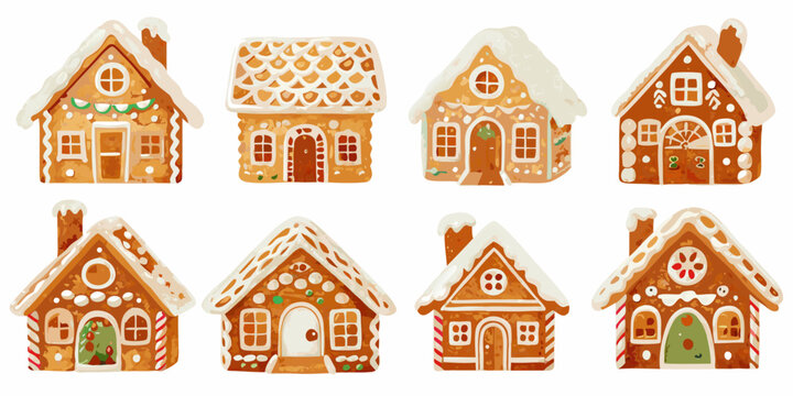 Eight decorated gingerbread houses arranged on a white background