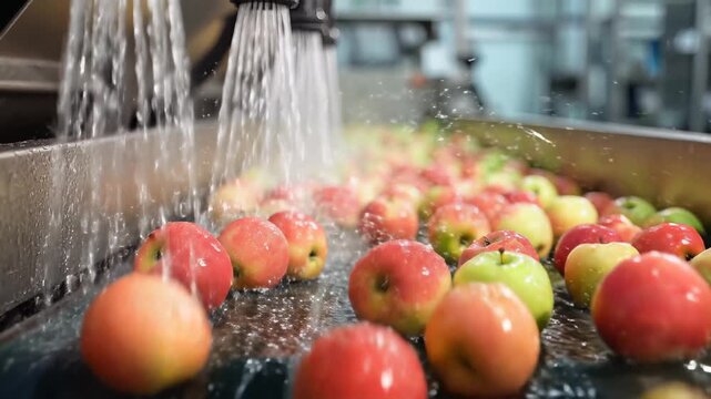 Fresh Apples Washed on Conveyor Belt in Fruit Processing Plant.