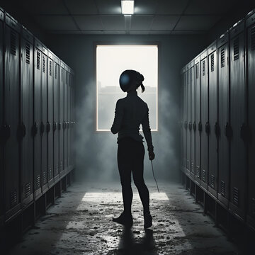 A woman fencer silhouetted getting ready in a dark and dusty locker room