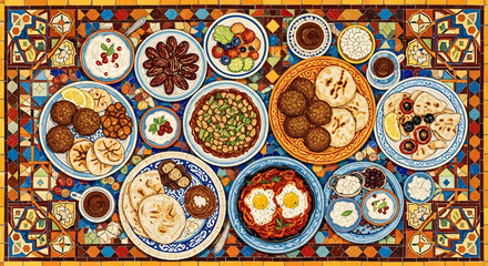 Traditional Middle Eastern breakfast dishes in vibrant colorful arrangement on ornate tile background for cultural culinary presentation