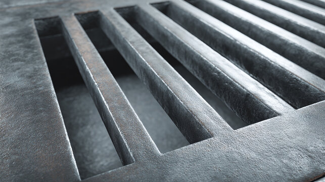 Close-up of a metallic drain cover, showing a pattern of parallel bars and a textured surface. The image highlights industrial design and urban infrastructure.