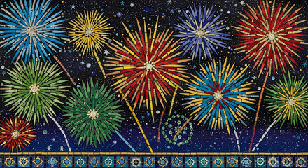 Vibrant Fireworks Explosion in Multicolored Display with Sparkling Night Sky for Celebration Background