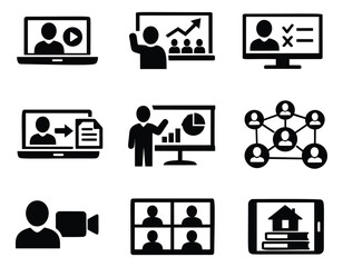 Modern solid online learning and communication set featuring digital education and remote meeting icons for virtual collaboration