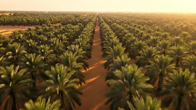 Date Palm Crop Row Farm View Under Sun Light