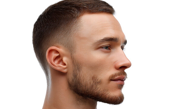A profile of a man's face, with a short haircut and a trimmed beard. The man appears to be in his twenties