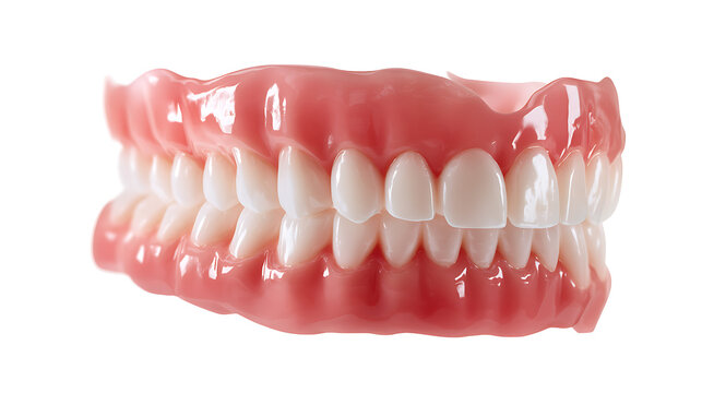 A close-up of a set of dentures, showcasing the details of the teeth and gums